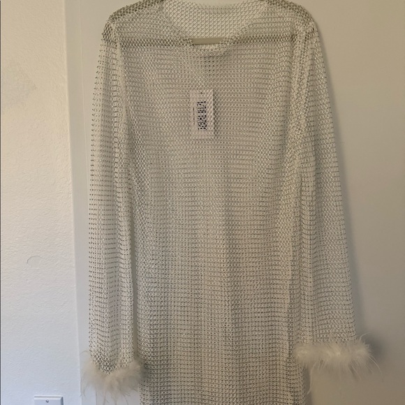 12th Tribe White Mesh Mini Dress with Feather Cuffs - Picture 1 of 2